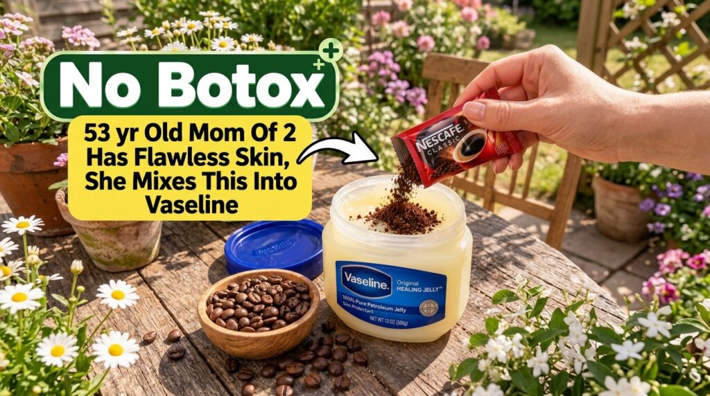 A hand pouring instant coffee granules from a red sachet into a jar of Vaseline set on a rustic wooden table with scatte