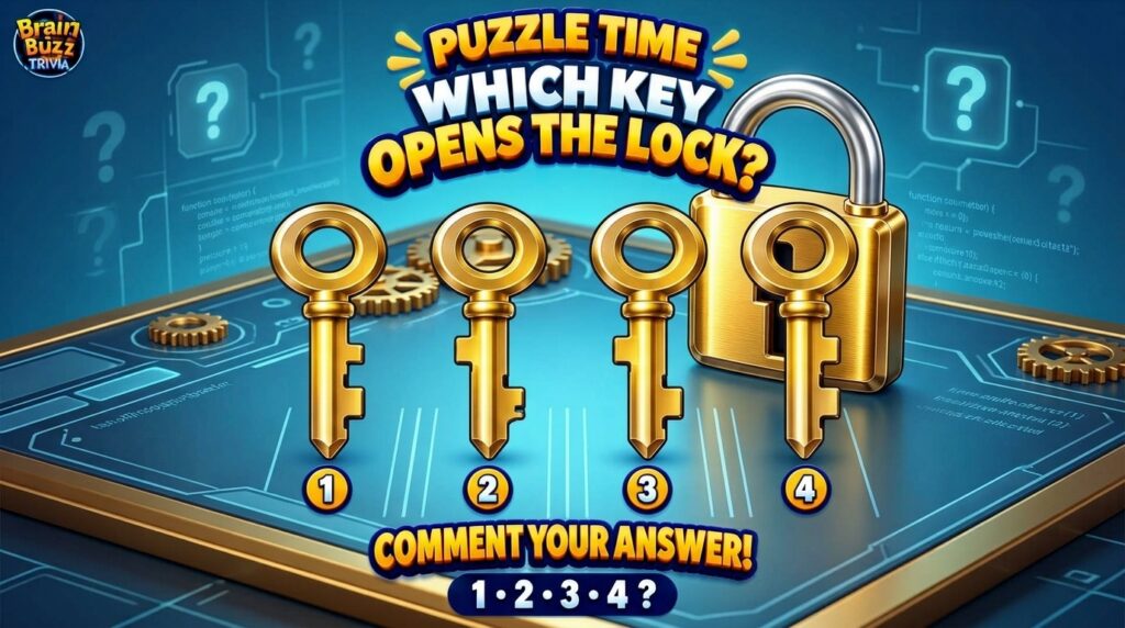 A vibrant trivia puzzle featuring a large golden padlock with a distinct keyhole and four smaller numbered golden keys a