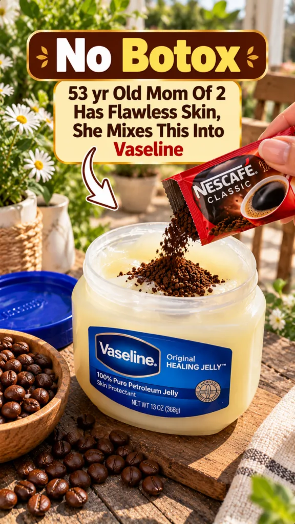 Close-up of instant coffee granules being poured from a sachet into a jar of Vaseline set outdoors on a rustic wooden su
