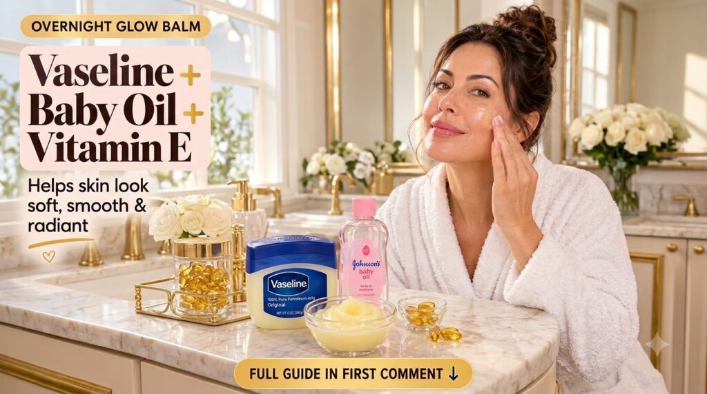 A woman in a white bathrobe applies a skincare product to her cheek smiling gently On a marble countertop in the foregro
