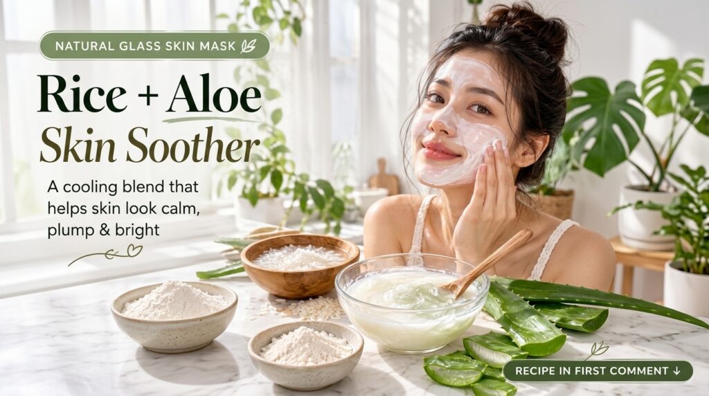 A smiling young woman with a white skin mask on her face with bowls of natural ingredients like soaking rice rice flour