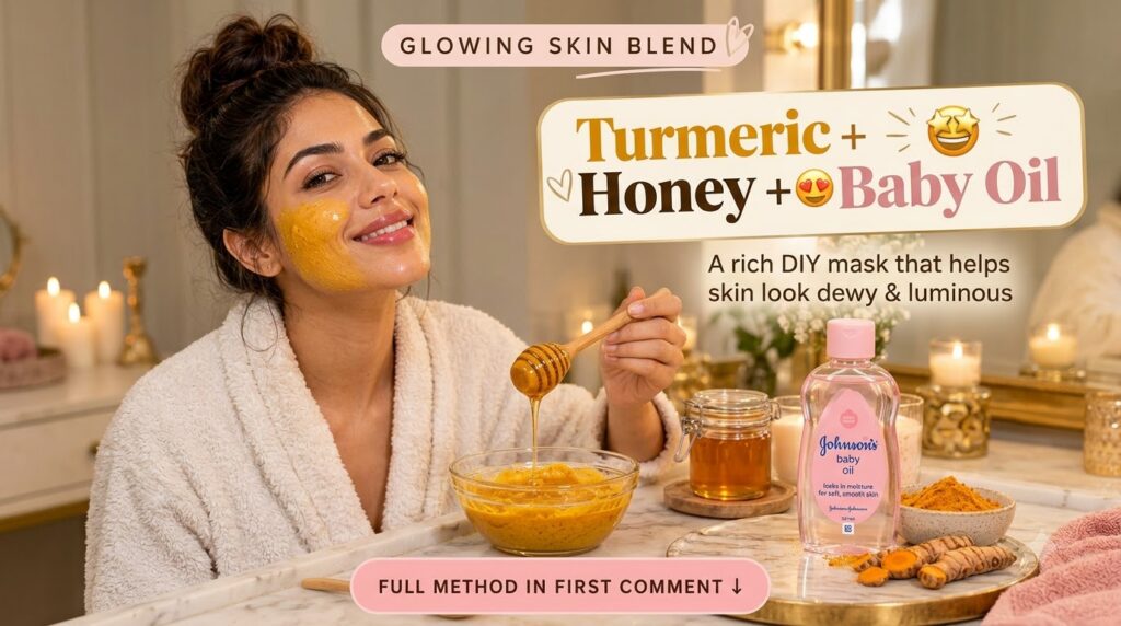 A woman applying a turmeric honey and baby oil mask to her face with the ingredients displayed on a tray in the foregrou