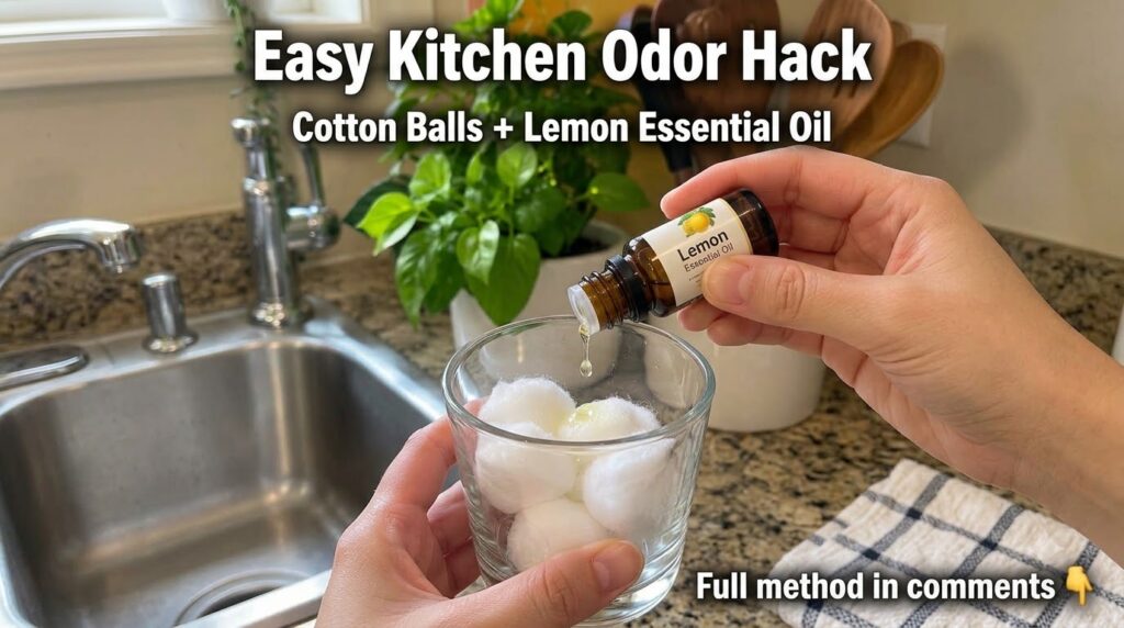 A hand gently placing white cotton balls into a clear empty glass with a kitchen background slightly out of focus