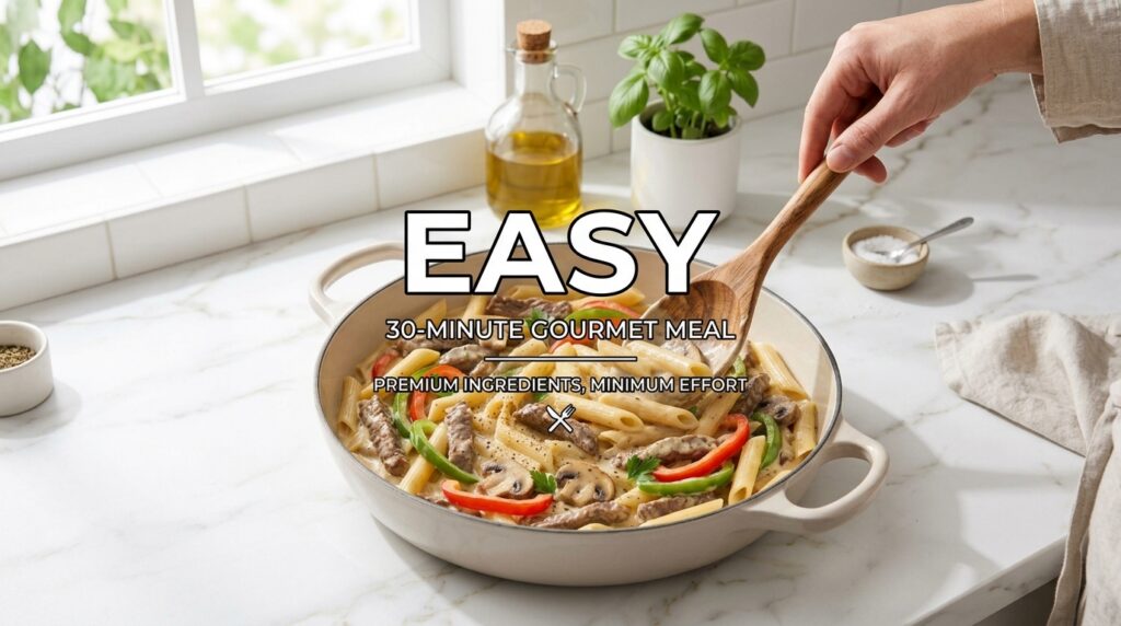A close-up of creamy penne pasta with sliced beef mushrooms and bell peppers being stirred in a large pan on a modern ki