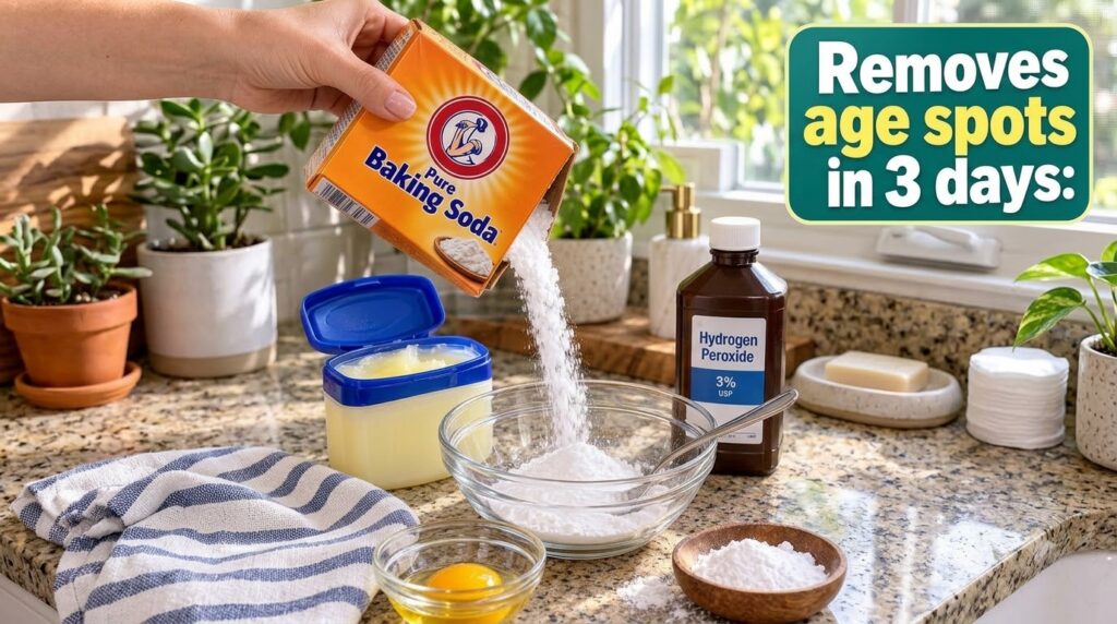 A hand pouring baking soda from a box into a clear glass bowl On a kitchen counter other ingredients like Vaseline hydro