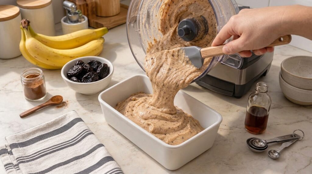 A person pouring thick speckled banana bread batter from a food processor into a white rectangular baking pan with ripe 