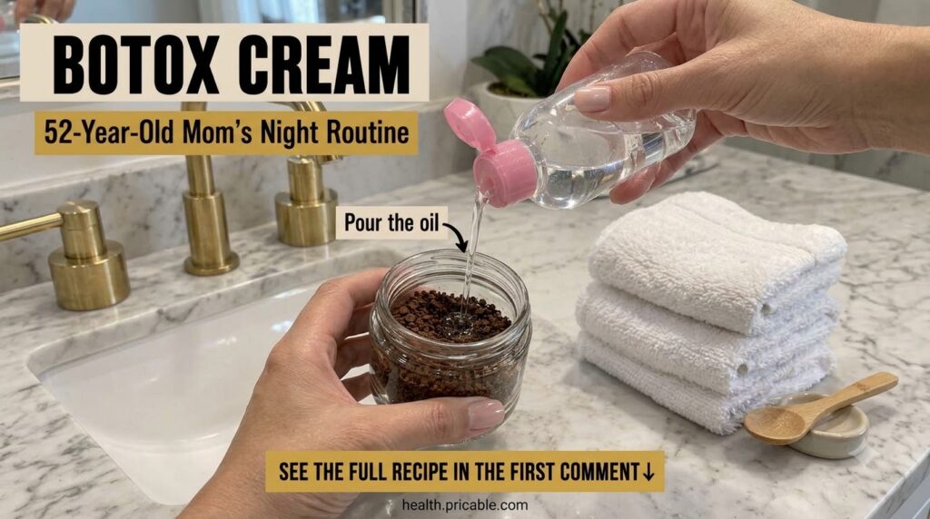 Hands pouring baby oil into a glass jar filled with instant coffee on a clean bathroom counter