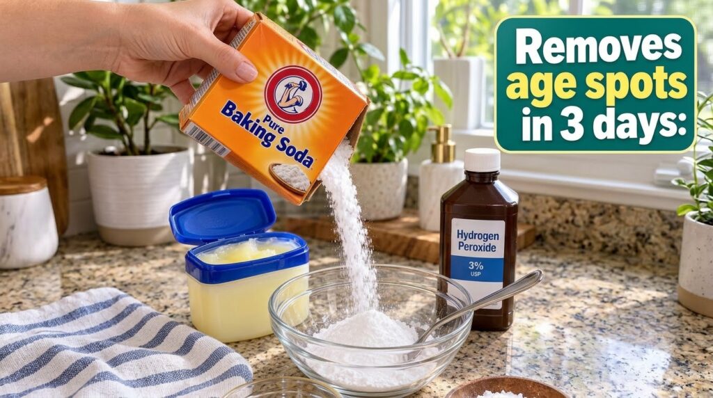 A hand pouring baking soda into a glass bowl with hydrogen peroxide and an egg yolk nearby on a bright kitchen counter