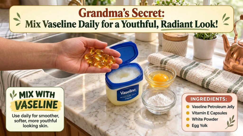 A hand holding golden vitamin E capsules over an open jar of Vaseline Petroleum Jelly with two small glass bowls contain