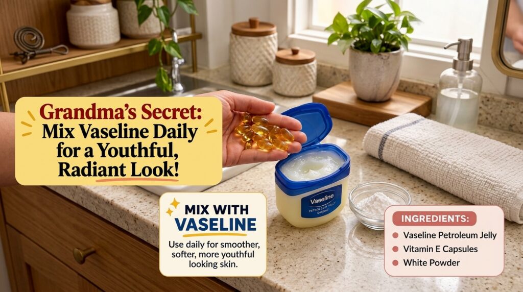 A hand holding amber Vitamin E capsules over an open tub of Vaseline with a small bowl of white powder next to it on a k