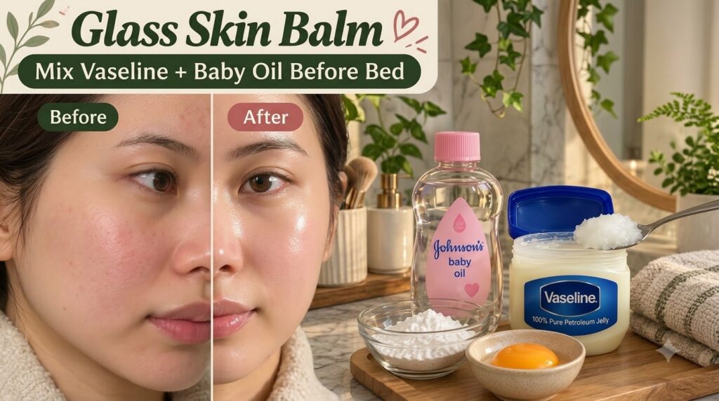 A split image showing a Before and After comparison of a woman s face with radiant glass skin alongside ingredients for
