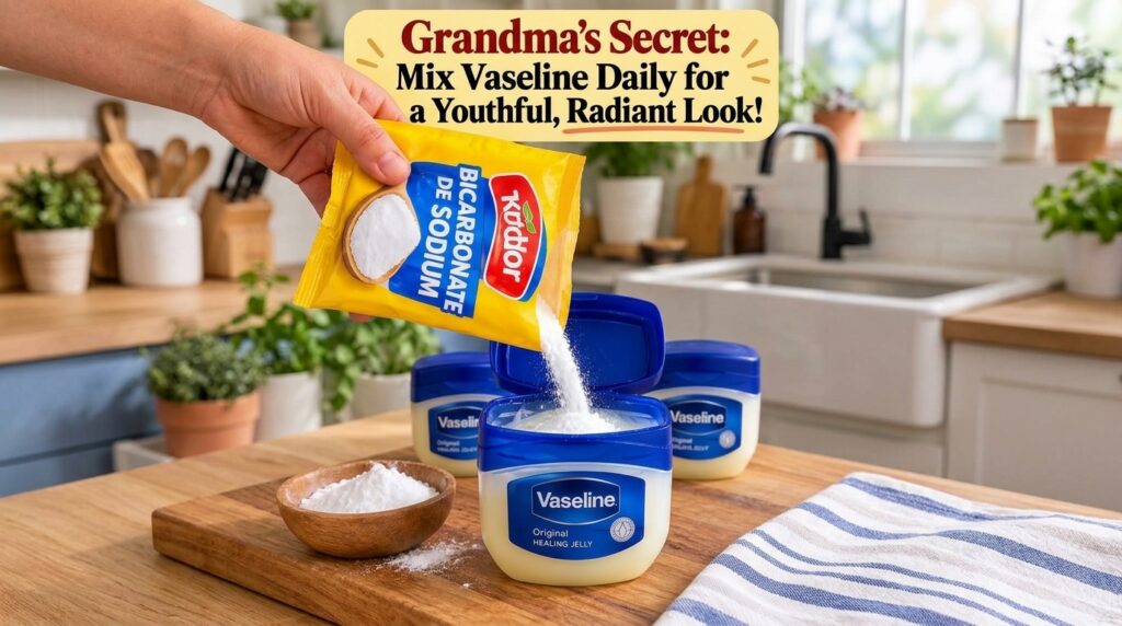 A hand pouring white baking soda powder from a yellow bag into an open jar of Vaseline Original Healing Jelly Other Vase
