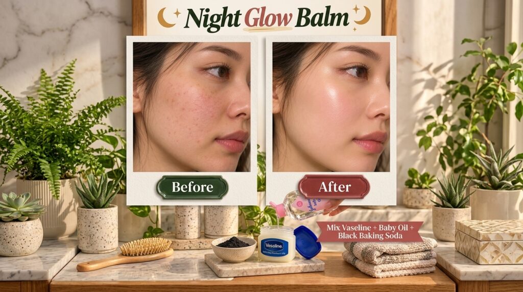 A vertical composition showing Night Glow Balm at the top a Before and After comparison of a woman s face in the middle 
