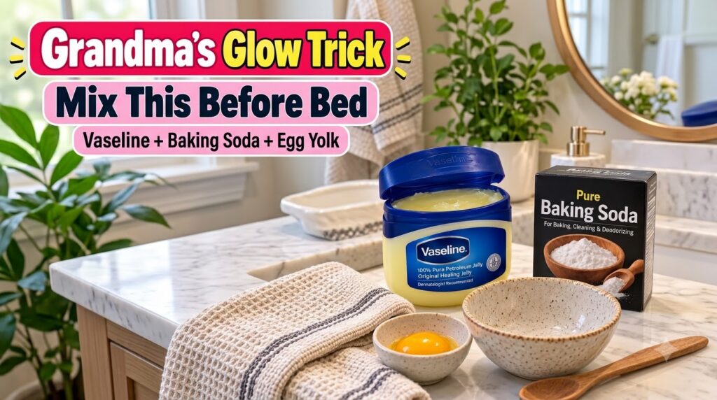 Ingredients for a DIY beauty hack an open jar of Vaseline a box of baking soda a small bowl with egg yolk an empty mixin