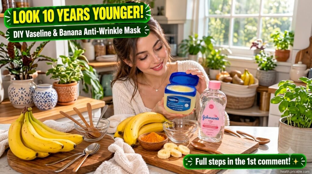 A smiling woman holding a jar of Vaseline with a wooden board in front of her displaying bananas turmeric powder baby oi
