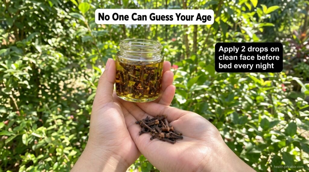 Hands gently holding a small glass jar filled with yellowish oil infused with dried cloves with some loose cloves in the
