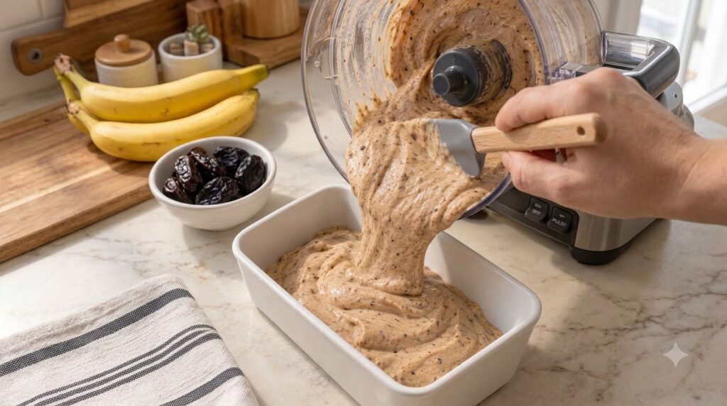 Thick textured banana bread batter being poured from a food processor into a white ceramic loaf pan A hand holds the pro