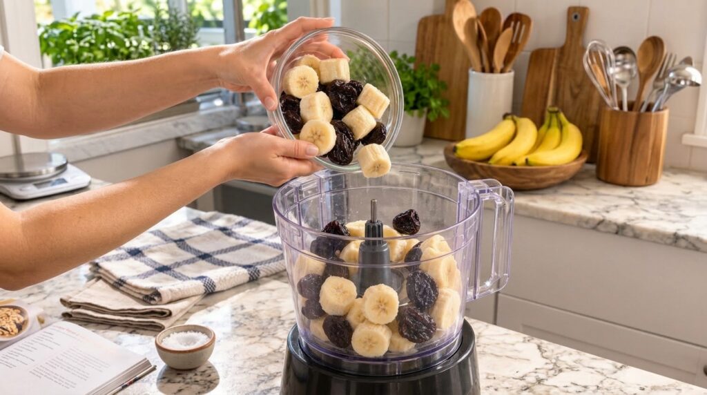 Hands pouring chopped bananas and dried dark fruit into a food processor in a bright kitchen