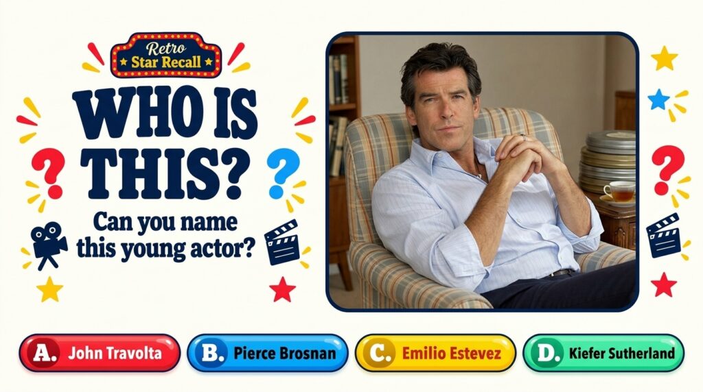 A retro-themed quiz image showing a young Pierce Brosnan s headshot with quiz elements like question marks stars and a R