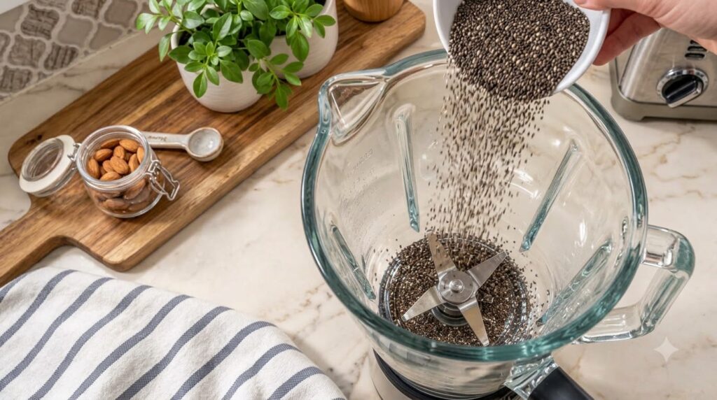 Chia seeds being poured from a white bowl into a glass blender with some seeds already inside set against a soft-focus k