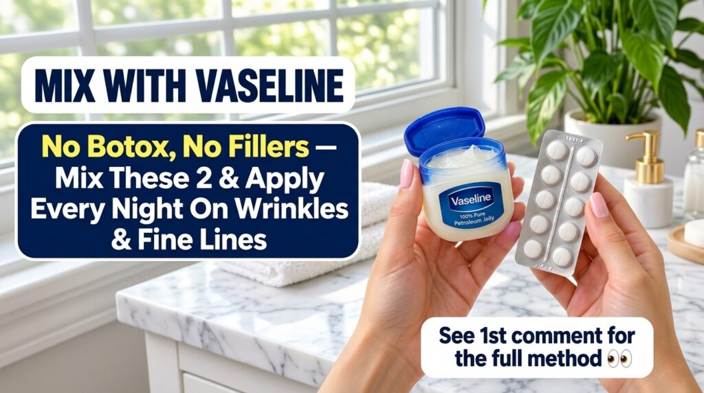 Hands holding an open jar of Vaseline petroleum jelly and a few Vitamin E softgel capsules against a softly blurred bath