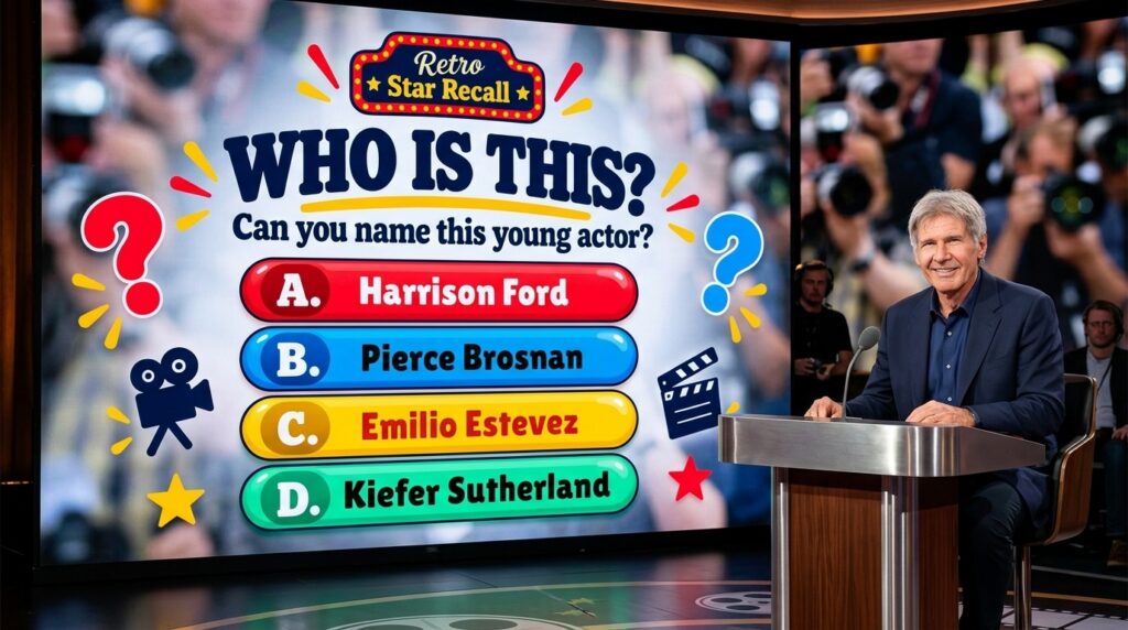 A retro-themed quiz asking to identify a young actor The central subject is a smiling Harrison Ford with gray hair pictu