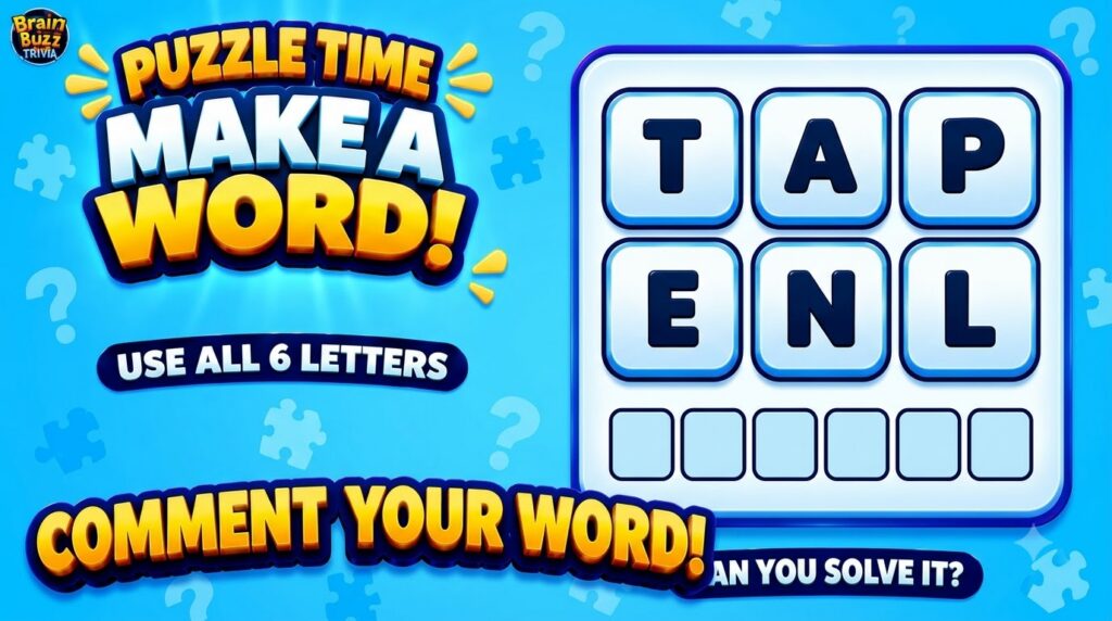 A vibrant mobile game screen for a word puzzle with six letter tiles and empty solution slots