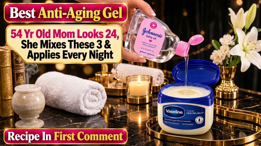 A hand pouring Johnson s baby oil into an open jar of Vaseline Original Healing Jelly with warm ambient lighting and dec