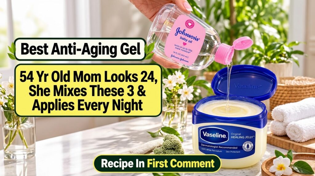 A hand pouring Johnson s baby oil into an open tub of Vaseline Original Healing Jelly with green foliage and white flowe