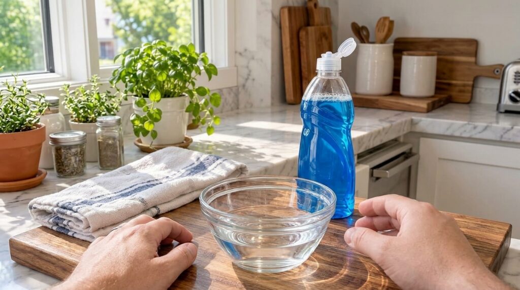 A clear glass bowl with water dish soap and a dishcloth on a wooden kitchen counter with a person s hands nearby and a b
