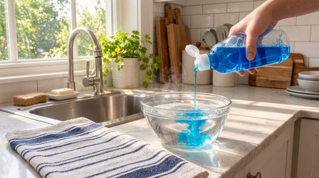 A close-up of a hand pouring vibrant blue dish soap into a glass bowl filled with water with sunlight casting highlights