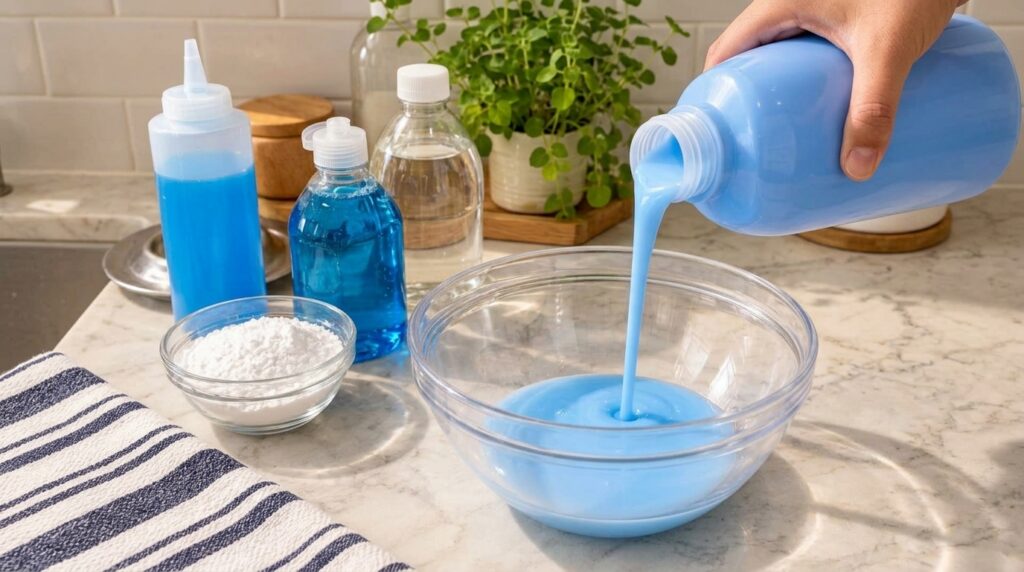 A person is pouring bright blue liquid from a bottle into a clear glass bowl which already contains some of the liquid V