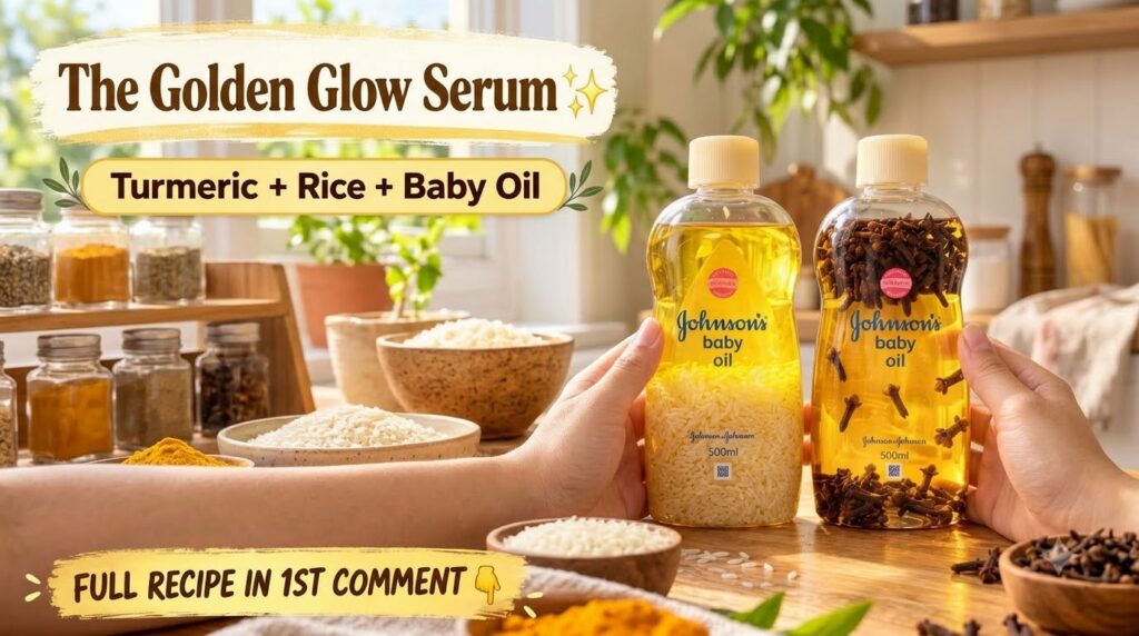 Two bottles of Johnson s baby oil one containing rice grains submerged in oil and the other containing cloves held by ha