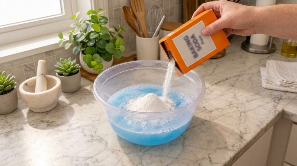 White powder being poured from an orange box into a clear bowl with a blue frothy liquid