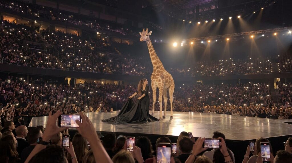 A woman in a sparkling black outfit on stage next to a giraffe with a large audience holding phone lights in the backgro
