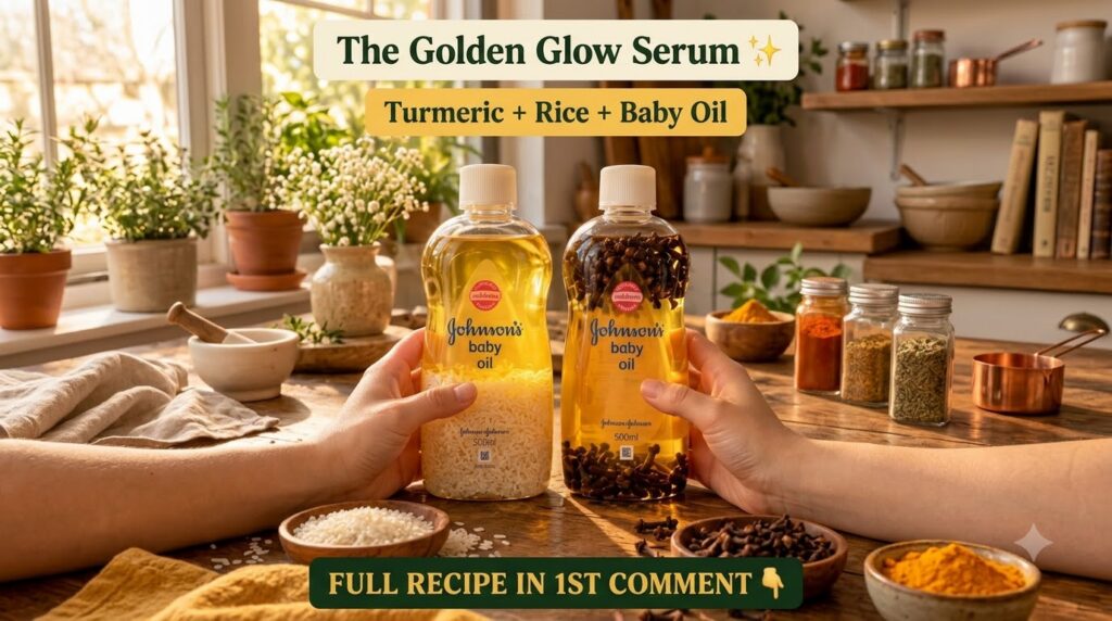 Two hands holding bottles of Johnson s baby oil infused with rice and cloves with small bowls of raw rice cloves and tur