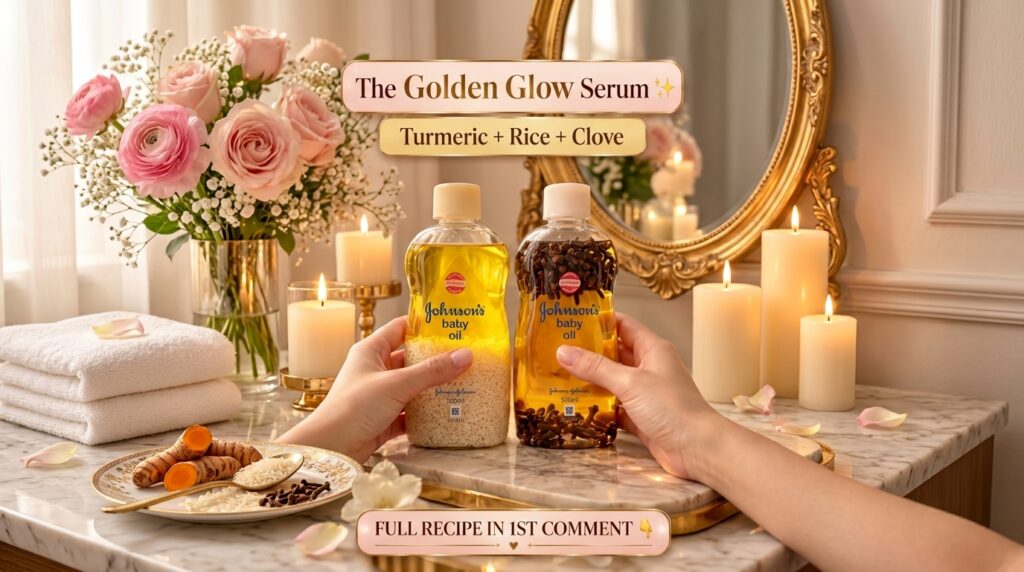 Two hands holding Johnson s baby oil bottles on a marble surface one bottle containing rice and the other cloves both su