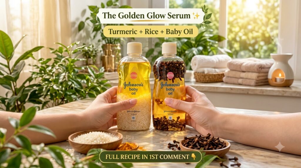 Two hands holding bottles of Johnson s baby oil infused with rice and cloves Additional rice turmeric powder and cloves 