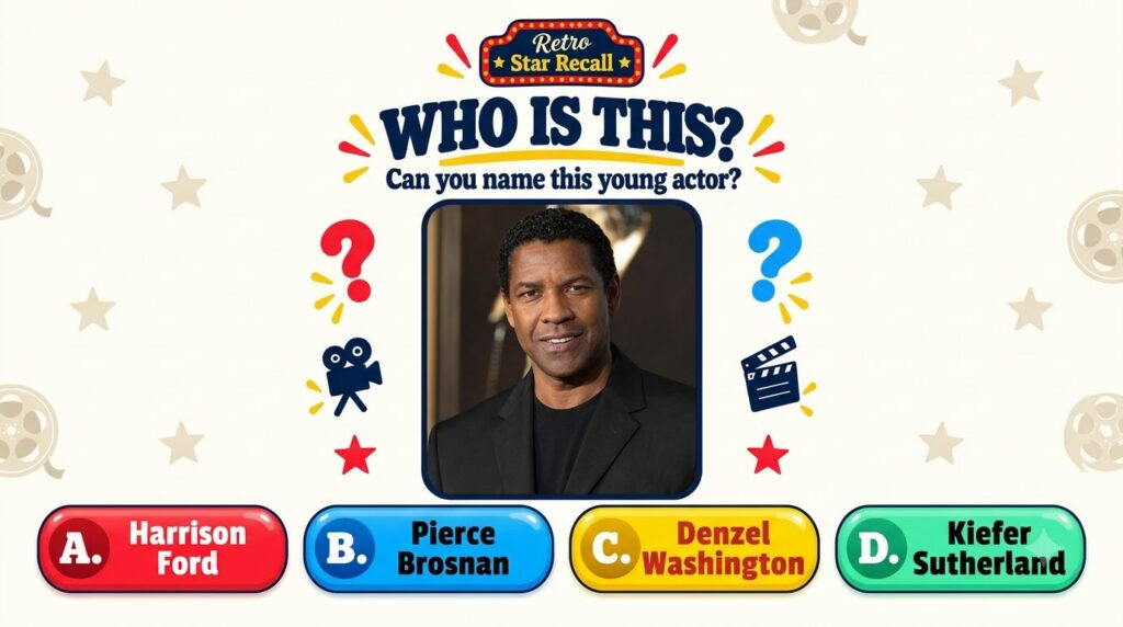 A retro-themed trivia quiz asking WHO IS THIS Can you name this young actor with a central headshot of a young Denzel Wa