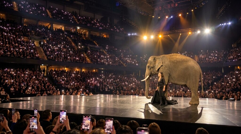 A female performer in black on a brightly lit stage with a large elephant facing a vast audience whose phone flashlights
