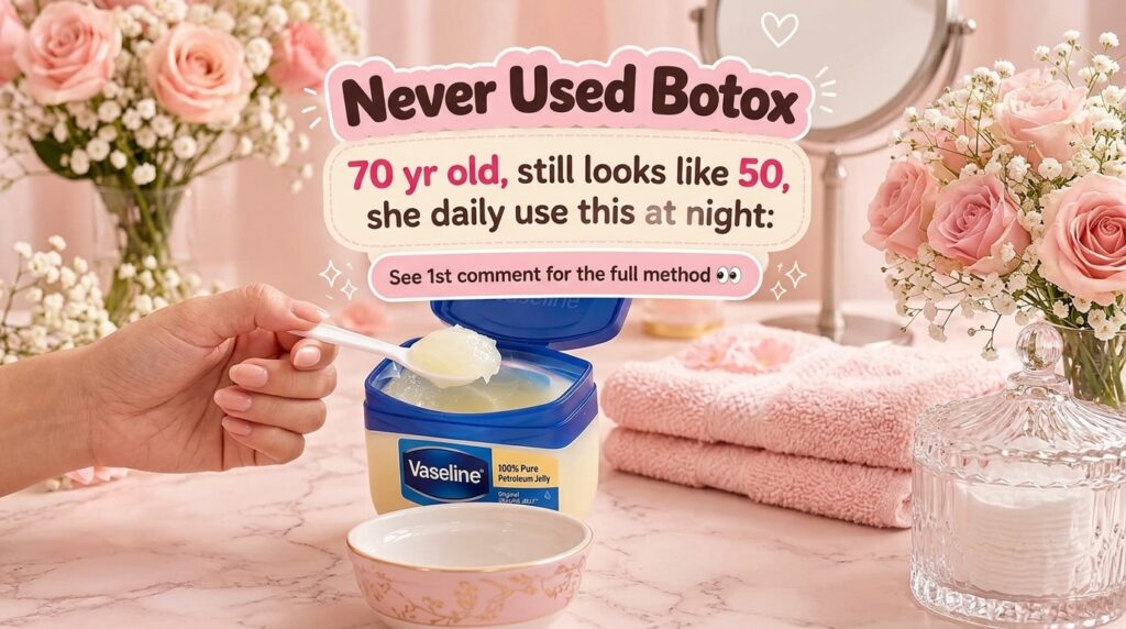 Hands scooping Vaseline petroleum jelly from a tub into an empty white bowl with a white spoon surrounded by soft pink r