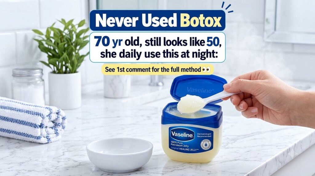 A hand holding a spoon filled with Vaseline scooped from a tub with an empty bowl nearby on a bathroom counter