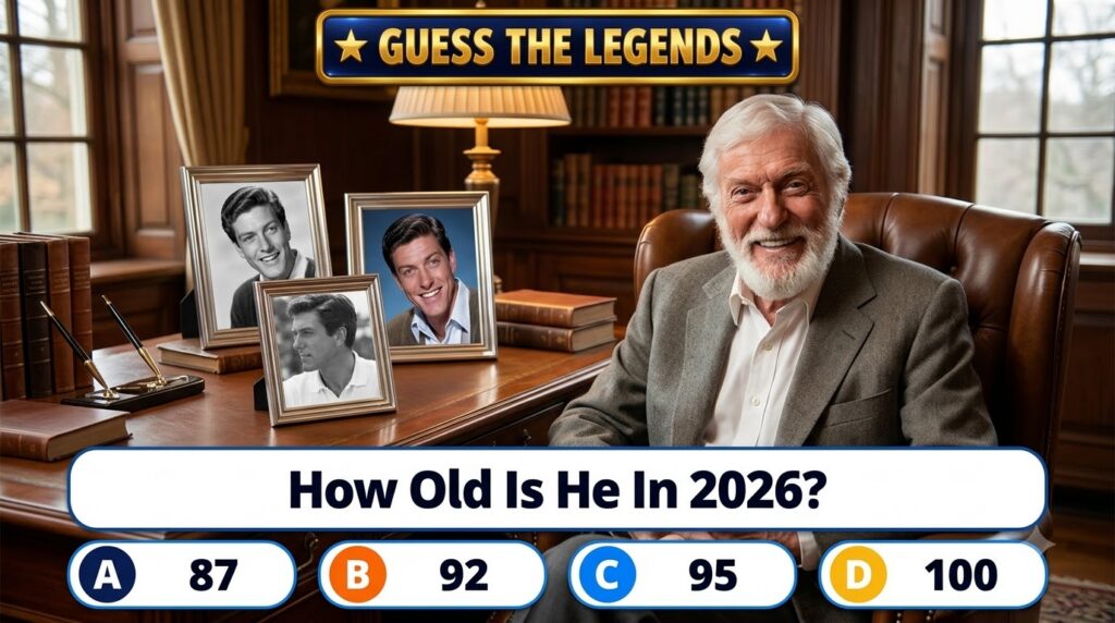A multi-panel quiz showing four portraits of Dick Van Dyke at different ages from youth to old age with a question about