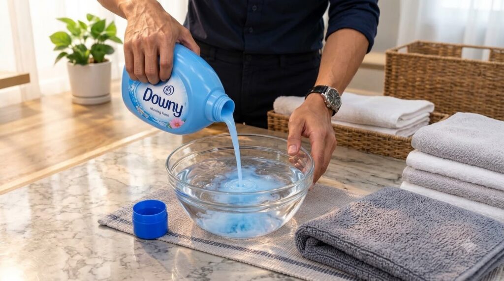 Hands pouring blue fabric softener from a bottle into a clear glass bowl of water mixing The scene is on a marble counte