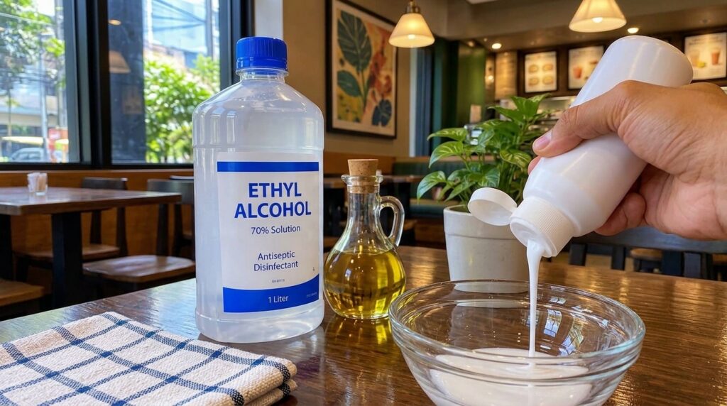 Una mano vierte un líquido transparente en un bol de cristal con botellas de ingredientes naturales como agua destilada