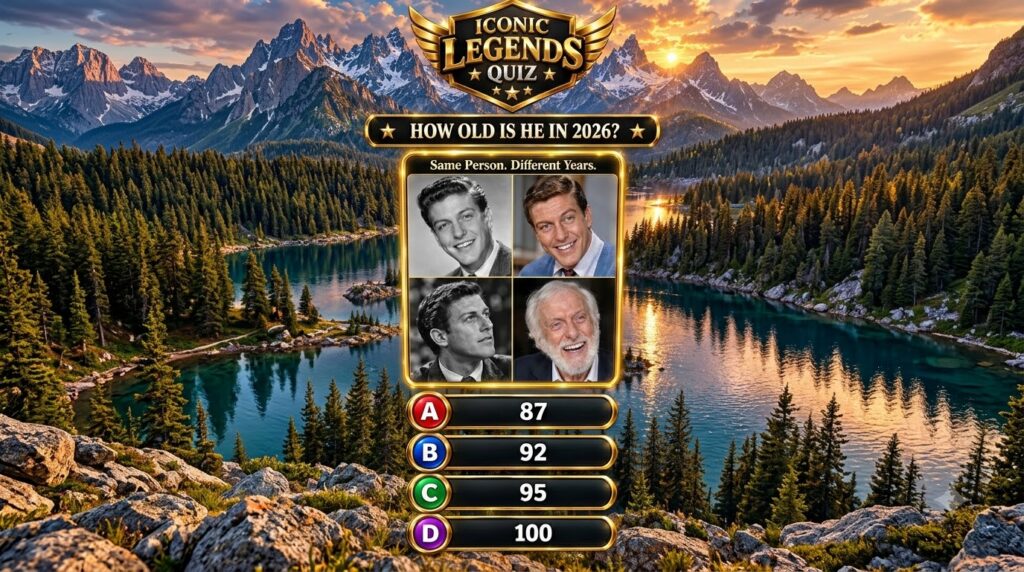 A mobile quiz interface featuring four portraits of Dick Van Dyke across his life set against a stunning natural landsca