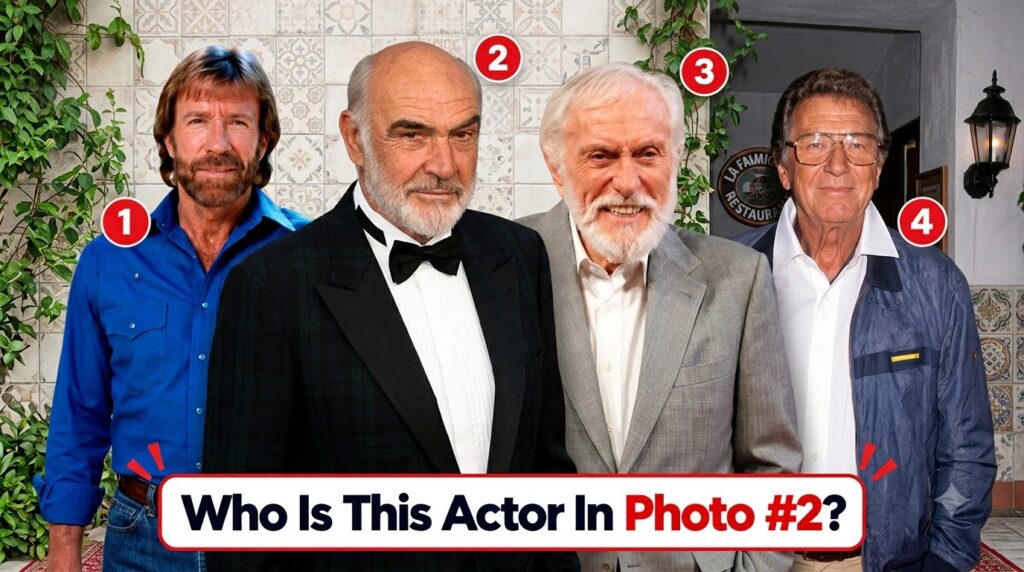 Quiz graphic showing four classic actors Chuck Norris Sean Connery Dick Van Dyke Telly Savalas with a question box at th