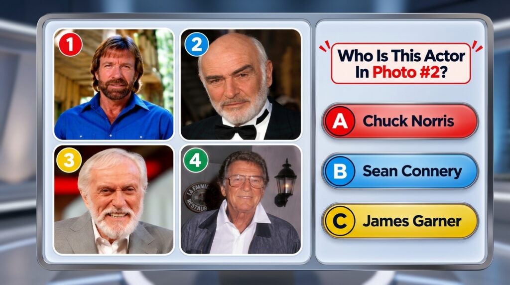 A quiz image with a four-panel grid of actor headshots asking Who Is This Actor In Photo 2 with Sean Connery as the subj
