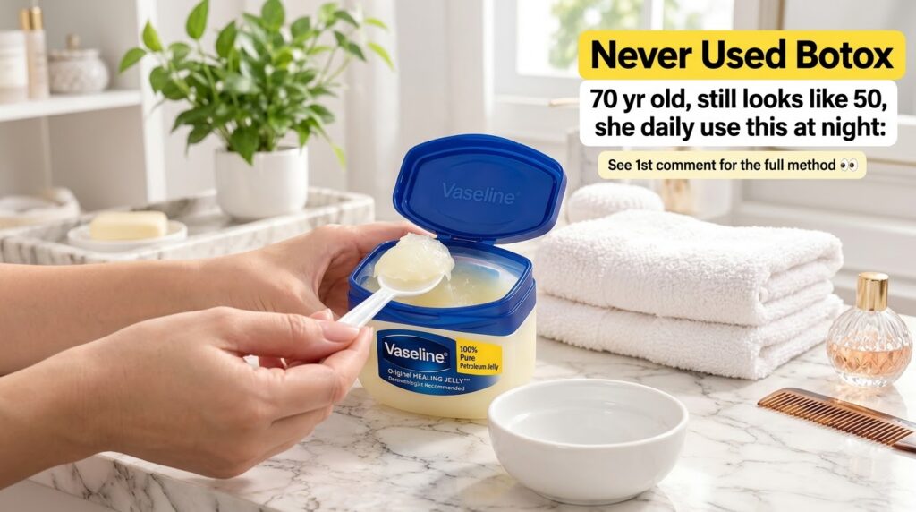 A hand scooping Vaseline Original Healing Jelly from its tub with a small white spoon positioned over a small white bowl