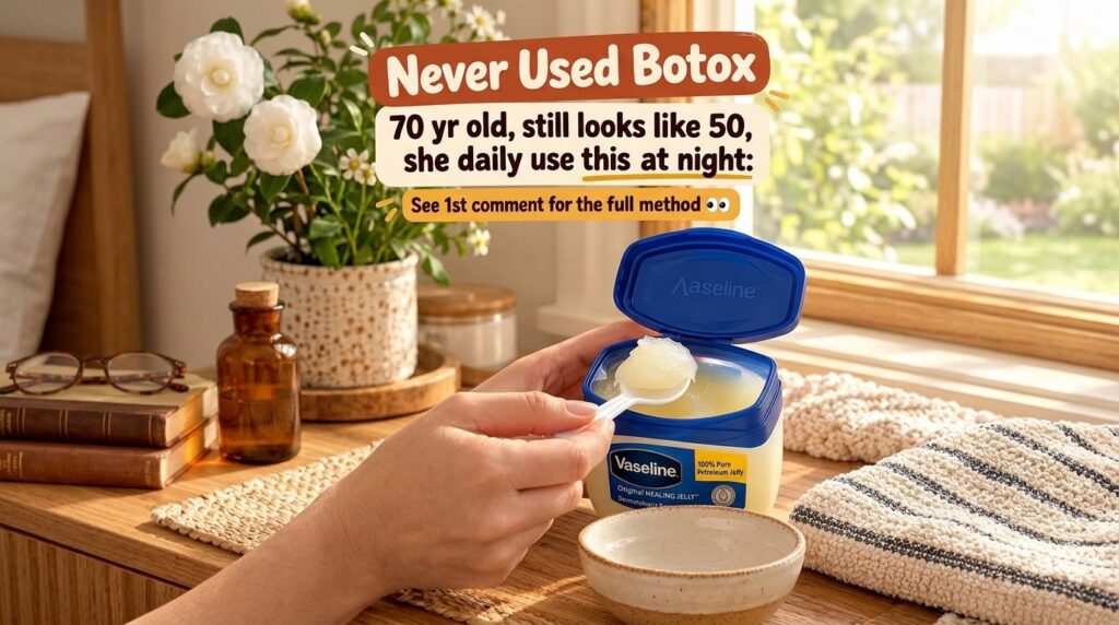 A hand holding a spoon scooping Vaseline petroleum jelly from an open jar into a small ceramic bowl The background is so